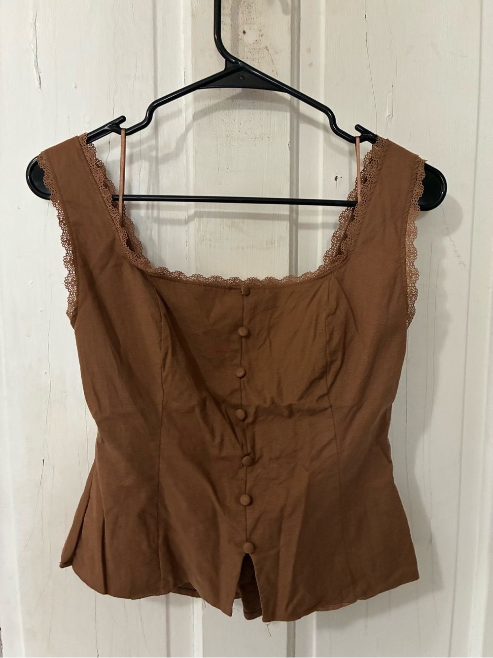Lace-Trim Brown Button Front Corset Tank Top